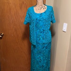 R & K Originals Teal  Floral Dress with a Crochet Short Sleeved Jacket Size 10P